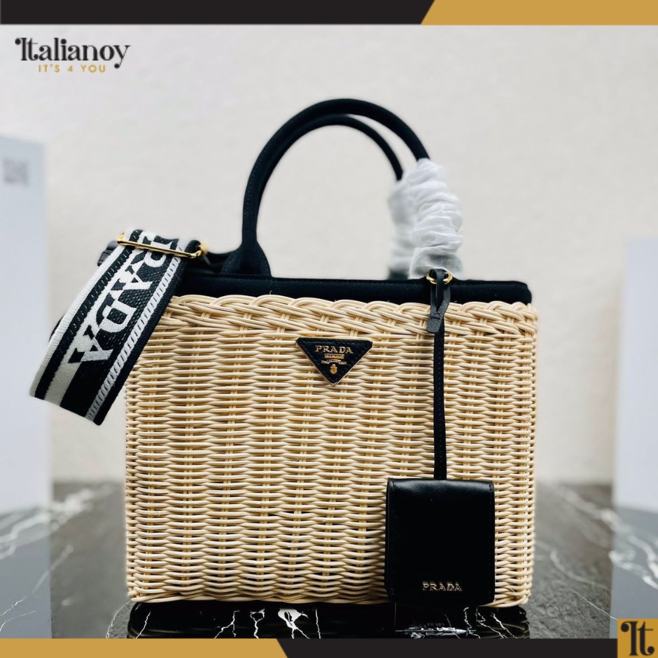 Prada Midollino basket design black and beige handbag