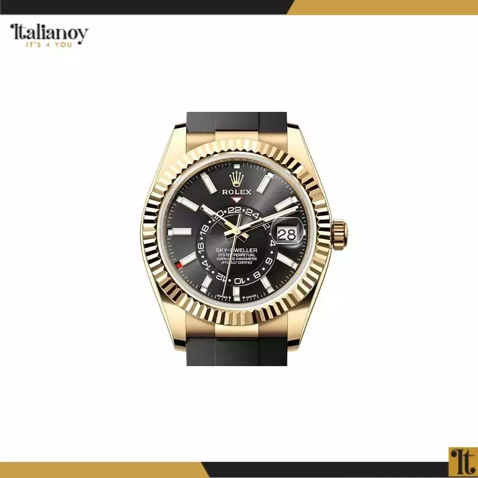 ROLEX SKY-DWELLER YELLOW GOLD BLACK DIAL OYSTERFLEX