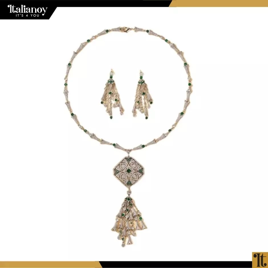 Bulgari Silver Green Set ( Necklace+ Earrings)