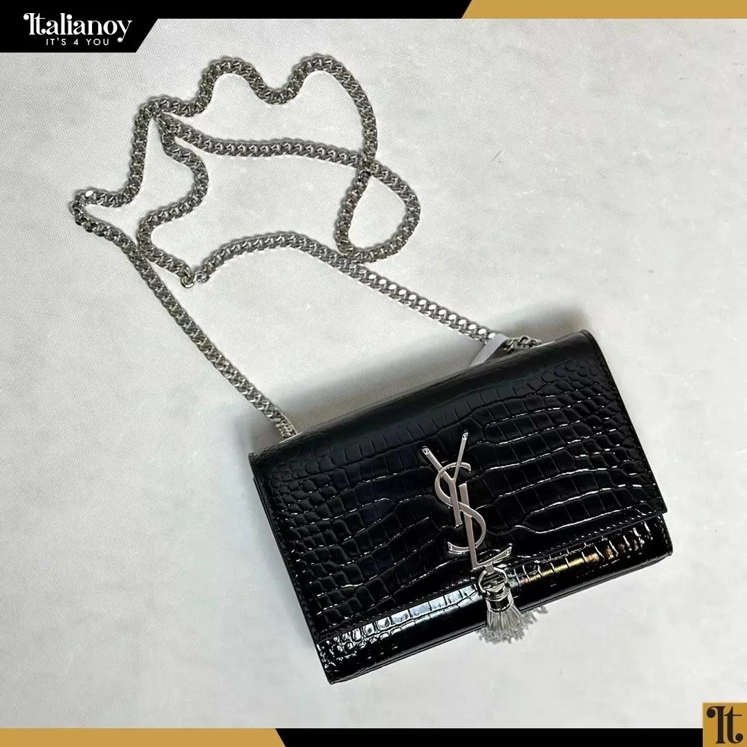 SAINT LAURENT KATE MEDIUM WITH TASSEL IN CROCODILE-EMBOSSED SHINY LEATHER BLACK