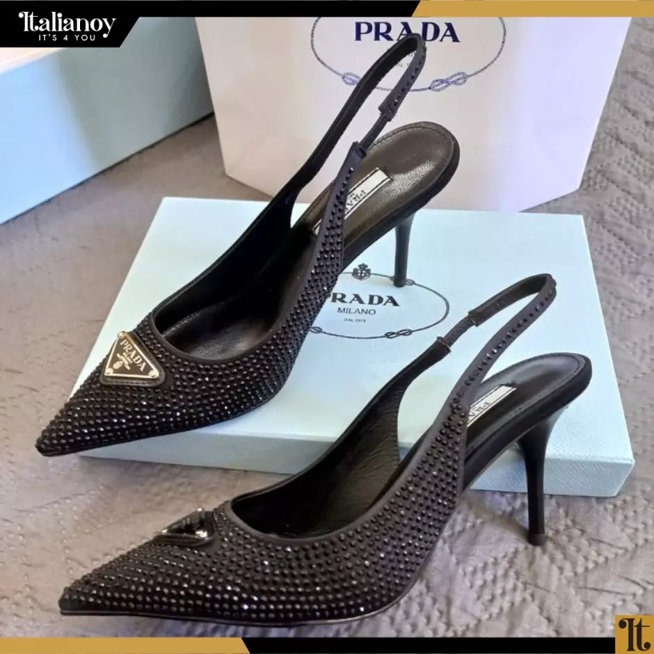 Satin slingback pumps with crystals