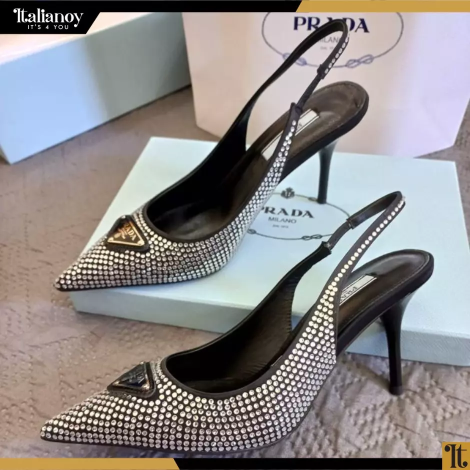 Satin slingback pumps with crystals