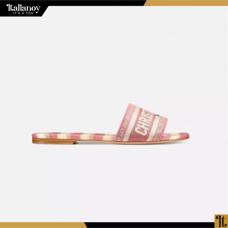 DWAY SLIDE Pink and White Toile de Jouy Embroidered Cotton