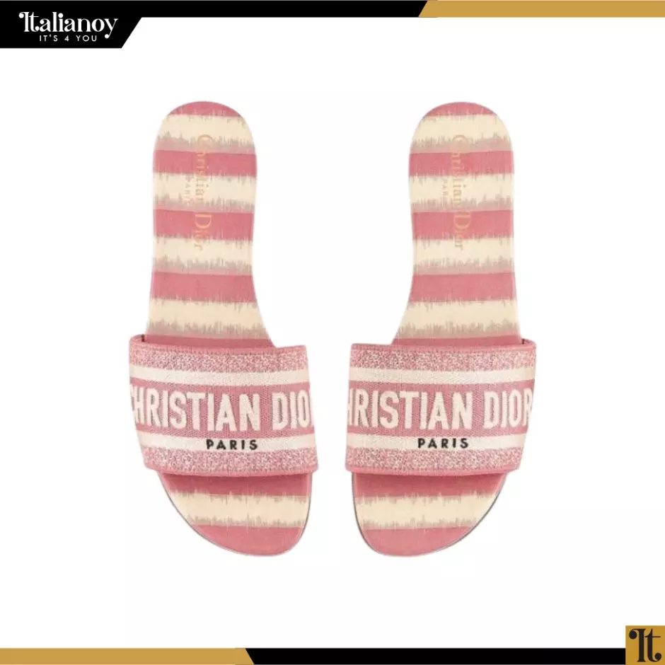 DWAY SLIDE Pink and White Toile de Jouy Embroidered Cotton