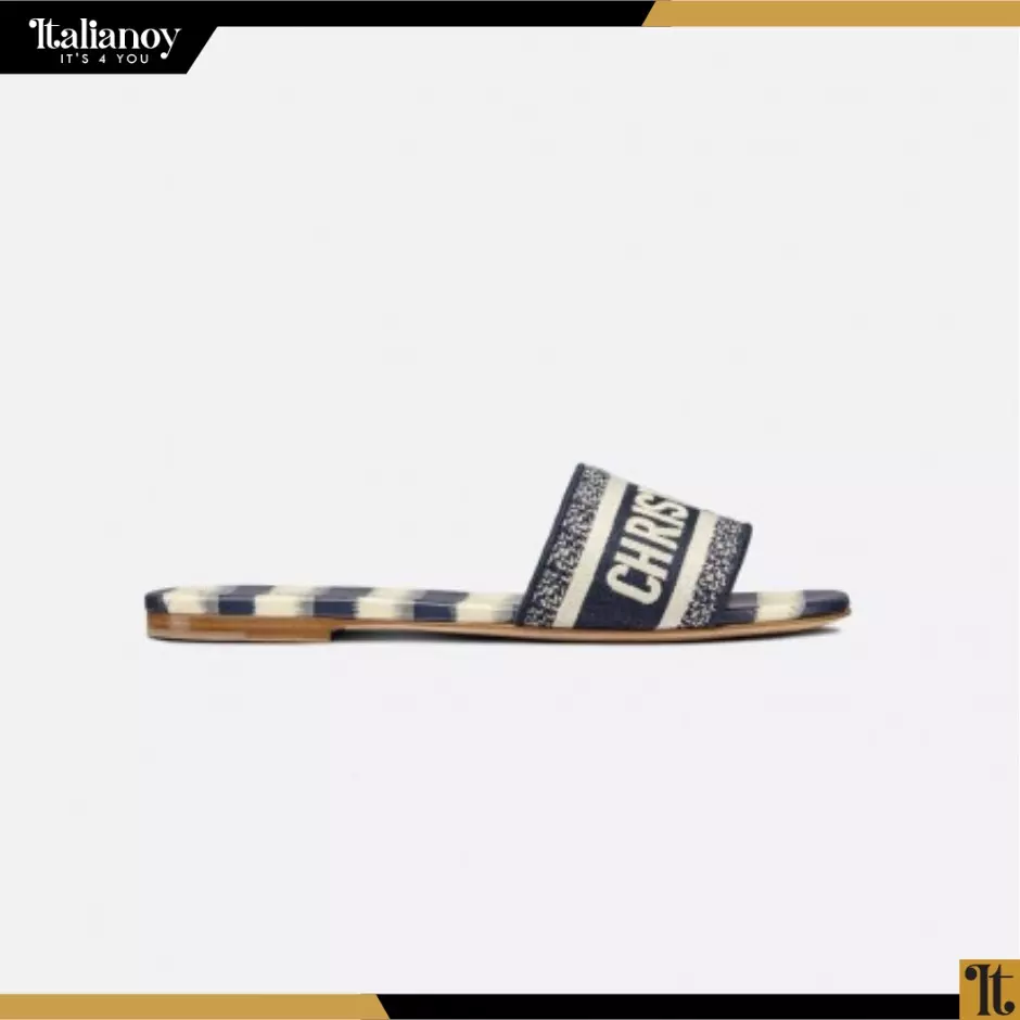 DWAY SLIDE Blue and White Toile de Jouy Embroidered Cotton