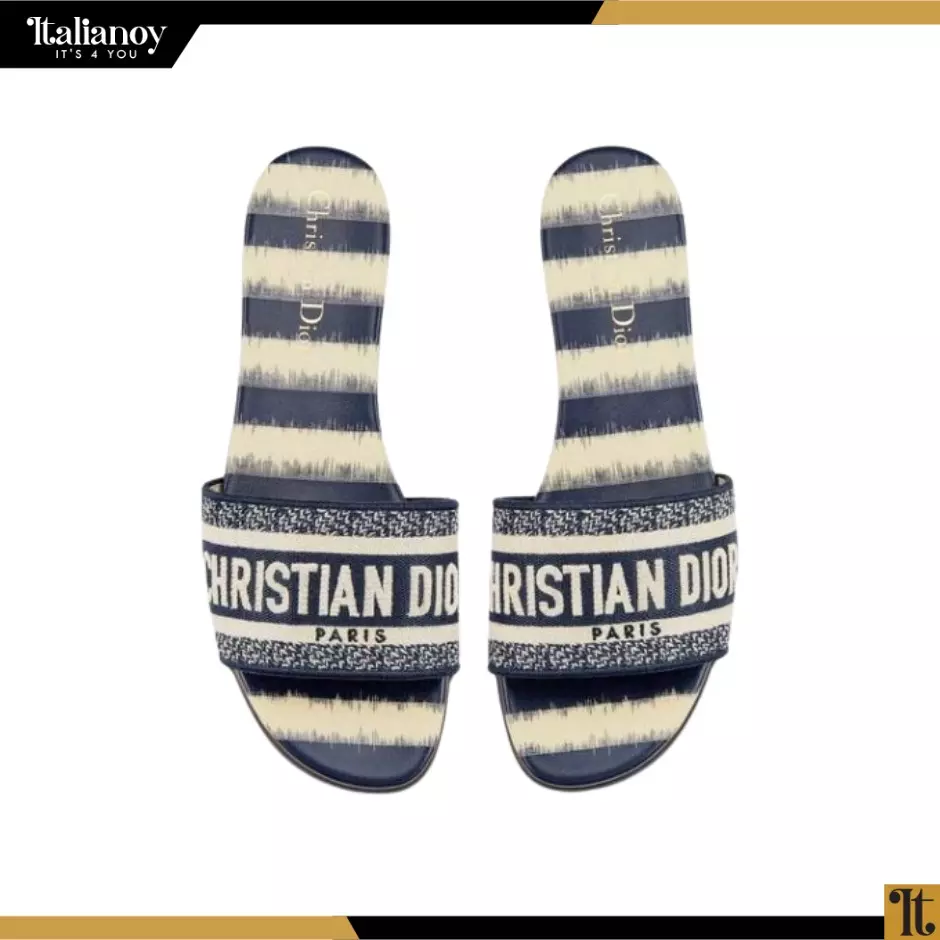 DWAY SLIDE Blue and White Toile de Jouy Embroidered Cotton