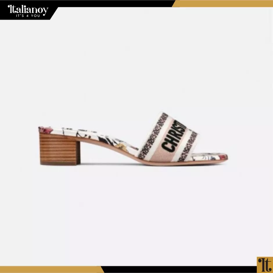 DWAY HEELED SLIDE White Multicolor Embroidered Cotton with Étoile de Voyage Motif