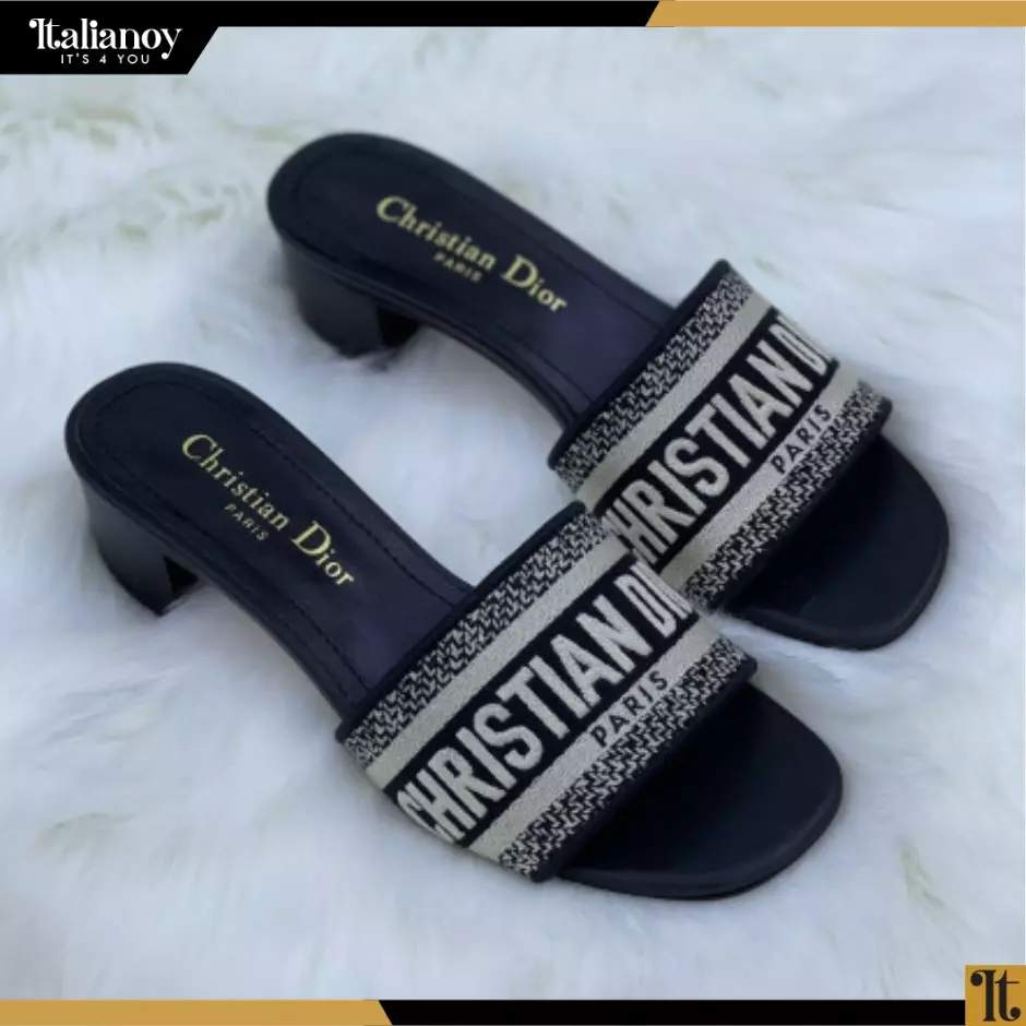 DWAY HEELED SLIDE Deep Blue Embroidered Cotton