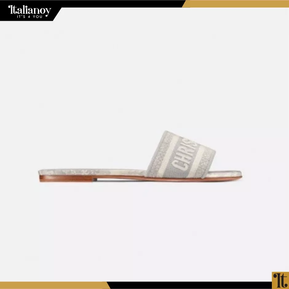 DWAY SLIDE Gray Toile de Jouy Embroidered Cotton