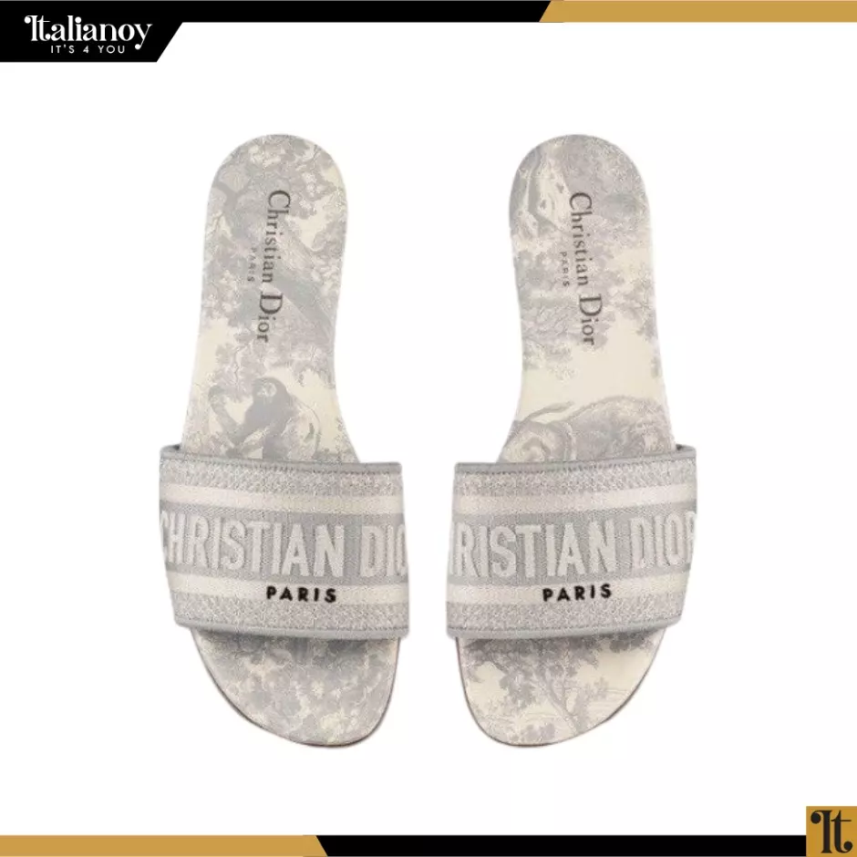 DWAY SLIDE Gray Toile de Jouy Embroidered Cotton