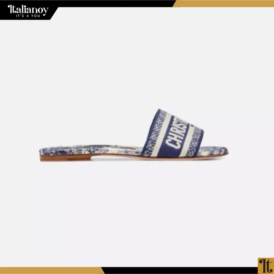 DWAY SLIDE Blue Toile de Jouy Embroidered Cotton