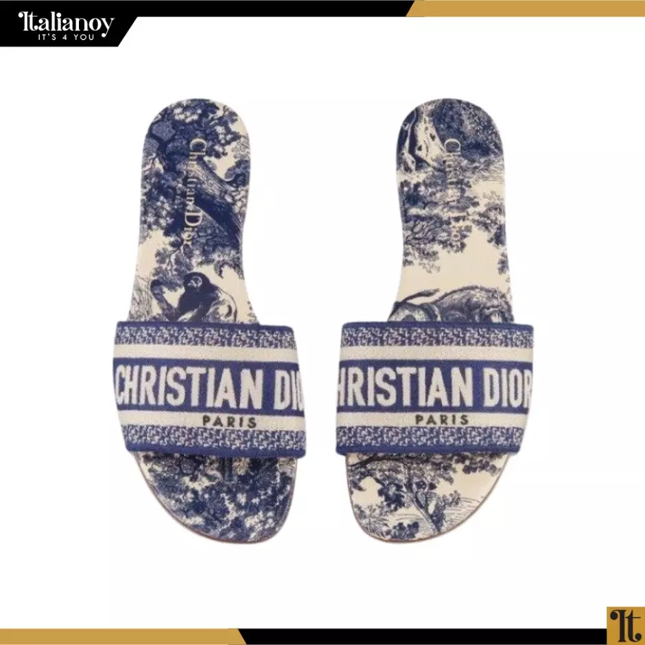 DWAY SLIDE Blue Toile de Jouy Embroidered Cotton