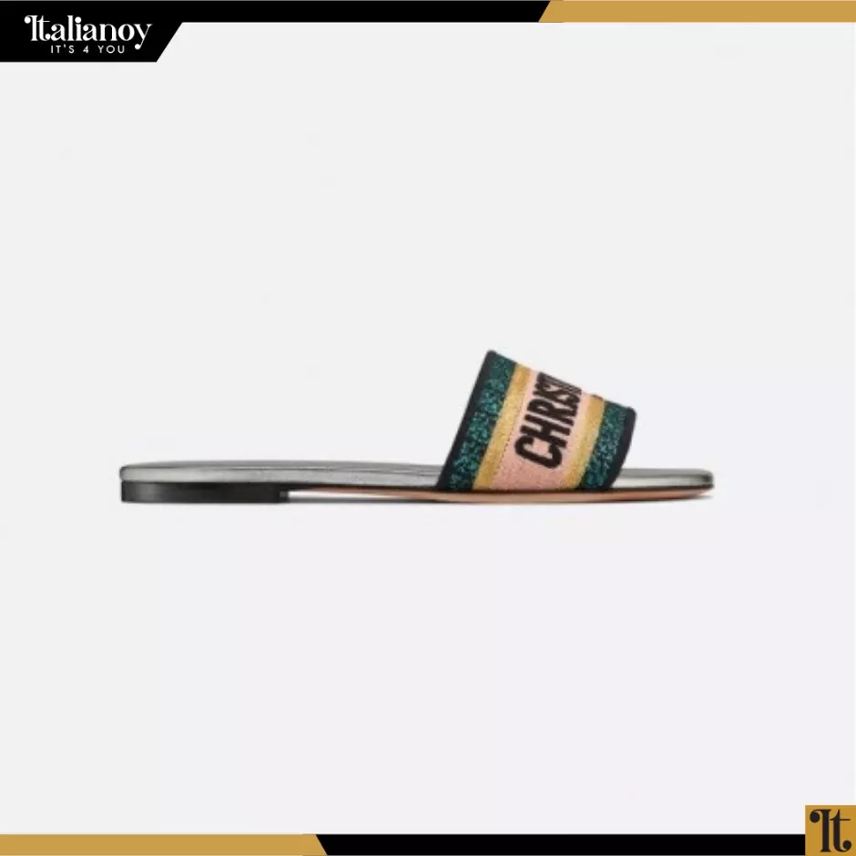 CHRISTIAN DIOR Canvas Metallic Embroidered Dway Mules Slide