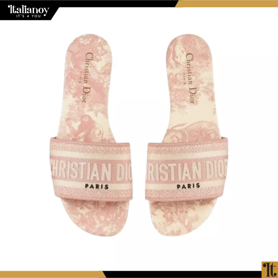 DWAY SLIDE Pink Toile de Jouy Embroidered Cotton