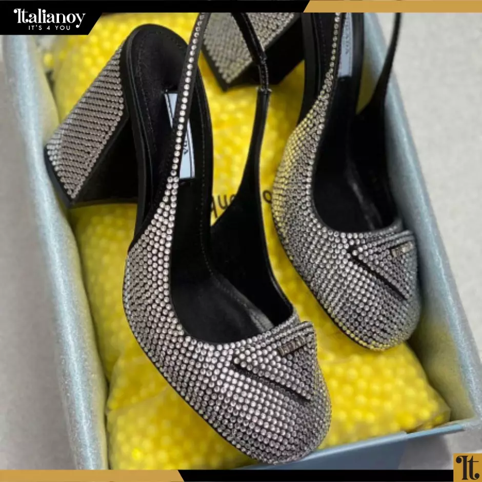 Satin slingback pumps with crystals