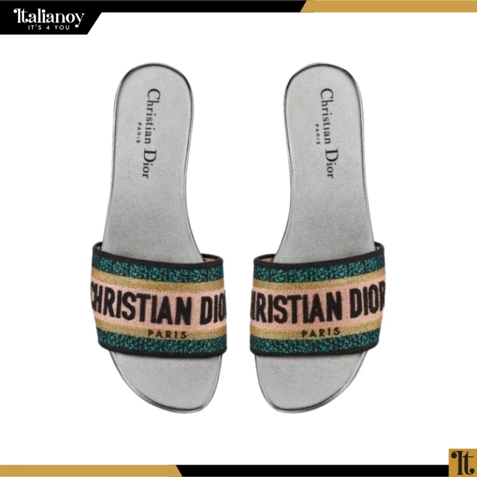 CHRISTIAN DIOR Canvas Metallic Embroidered Dway Mules Slide
