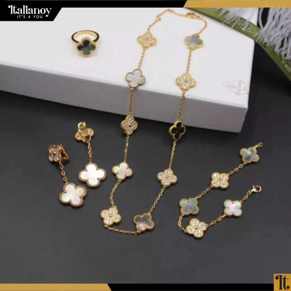 Van Cleef Vintage Alhambra Set Bracelett&Ring&Earring White-black