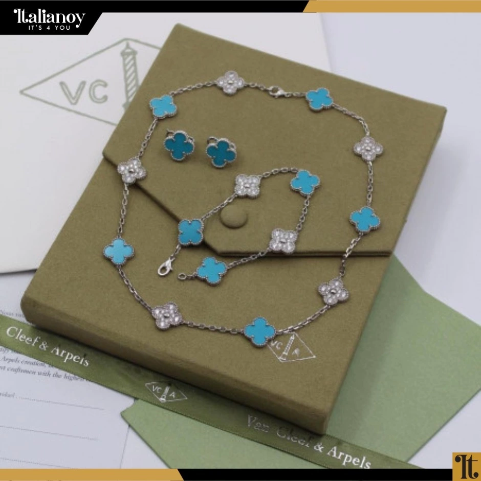 )Van Cleef Silver Baby Blue (Necklace - Bracelet - Earring