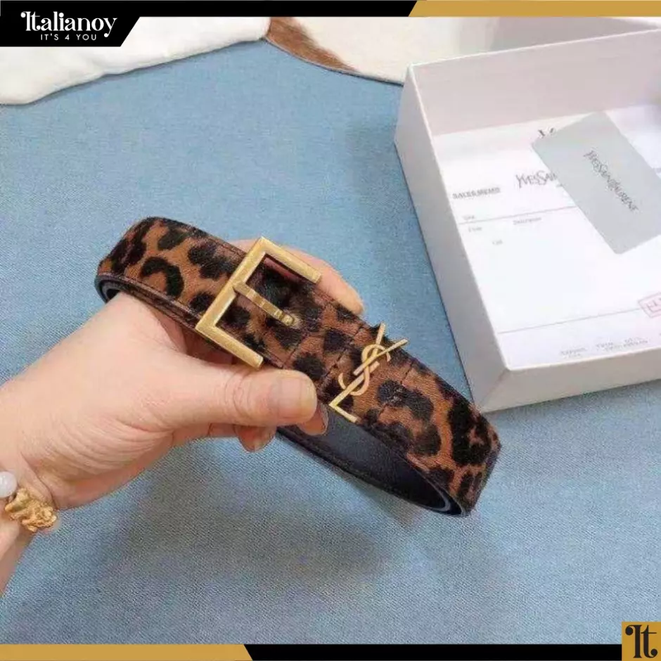 SAINT LAURENT Ysl Monogram Leopard Print Leather Belt In Manto Grey Brown