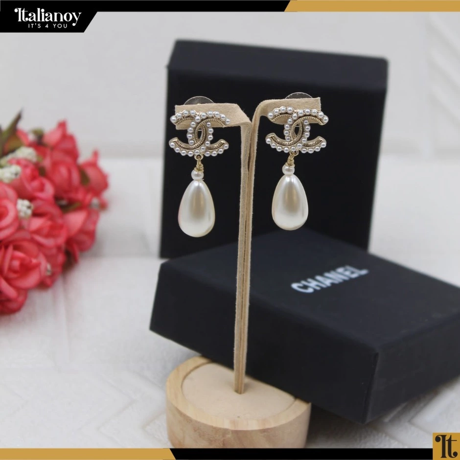 Chanel Gold CC Rhinestone Pearl Hoop Drop Earrings