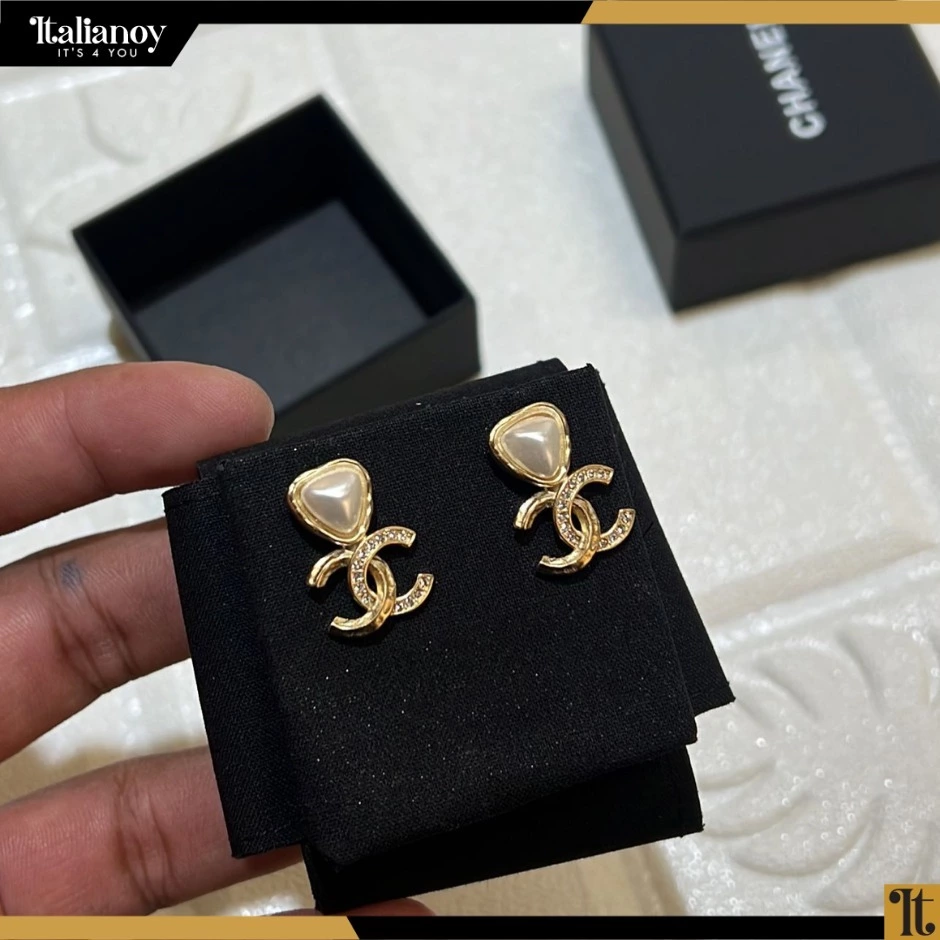 Chanel 22B CC White Crystal Gold Tone Pearl Drop Earrings