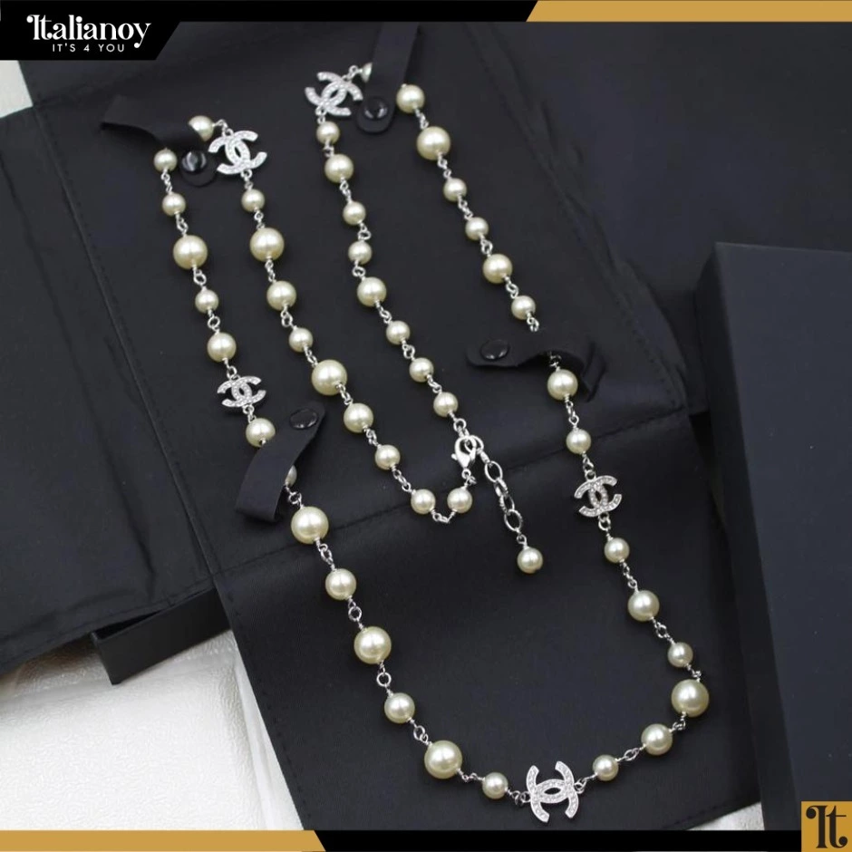 Chanel White Silver Pearl CC Long Necklace