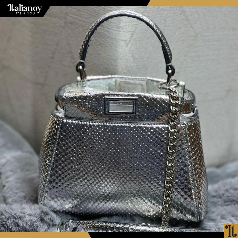 Fendi Peekaboo Top Handle Bag Silver Leather