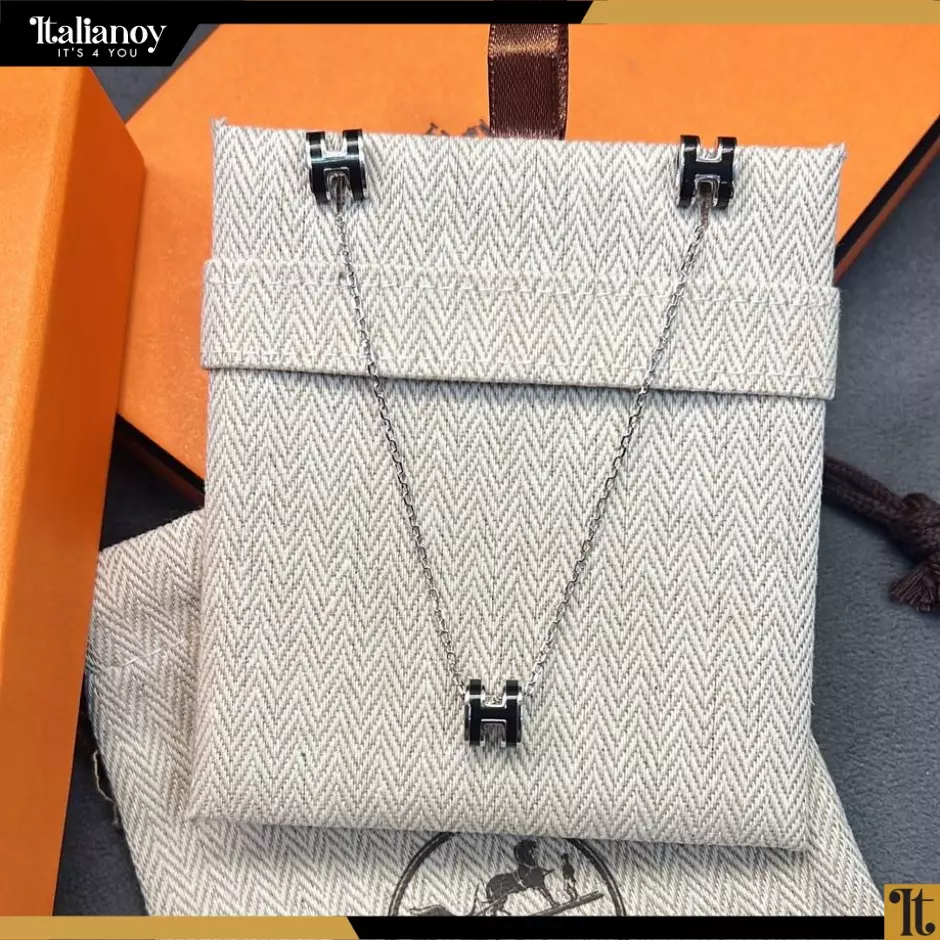 Hermes Pop H Pendant Necklace & earinings Black in Silver Plated Coral