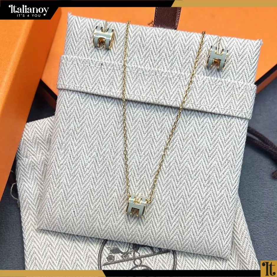 Hermes Pop H Pendant Necklace & earinings gray in Gold Plated Coral