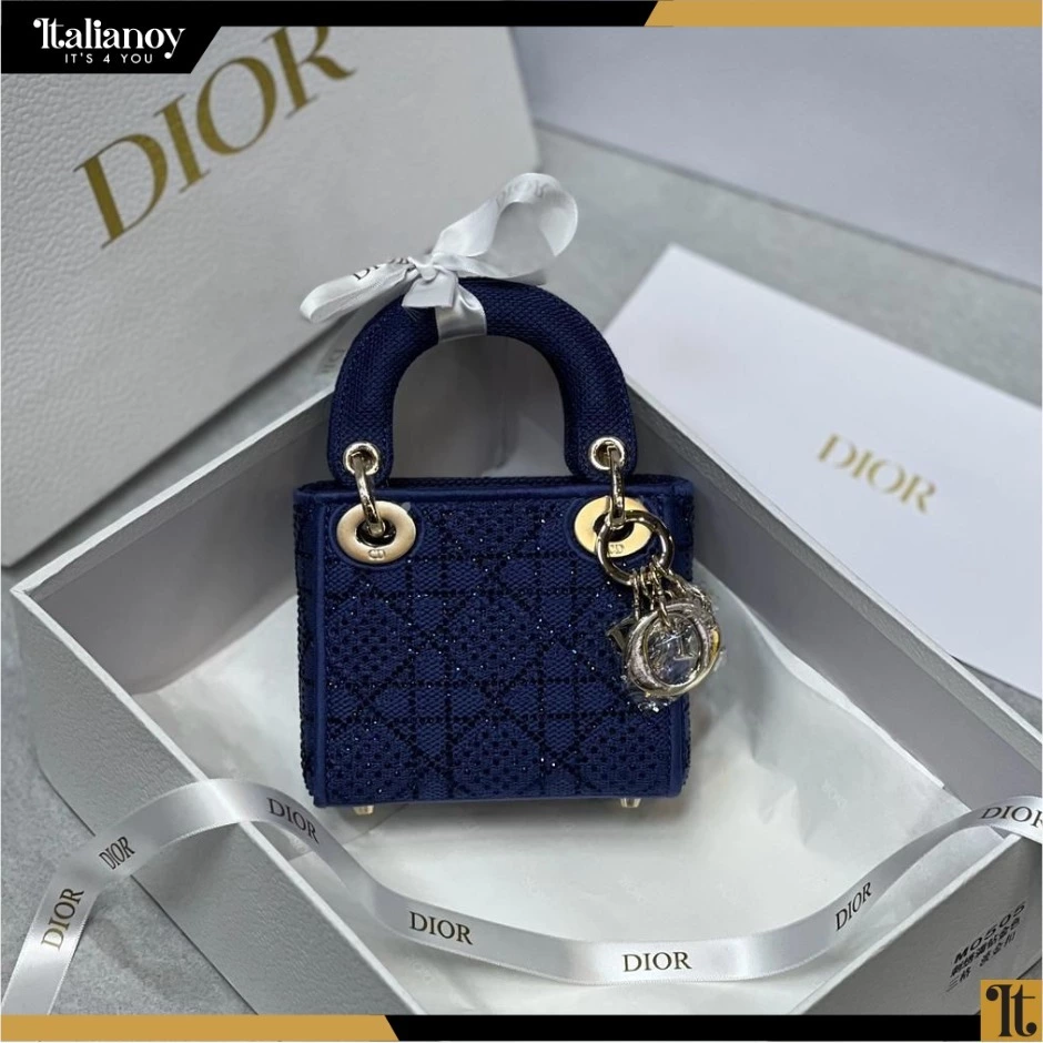 MINI LADY DIOR HANDBAG IN MIDNIGHT BLUE SATIN FABRIC AND RHINESTONES
