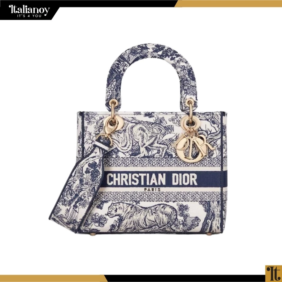 MEDIUM LADY D-LITE BAG Blue Toile de Jouy Embroidery