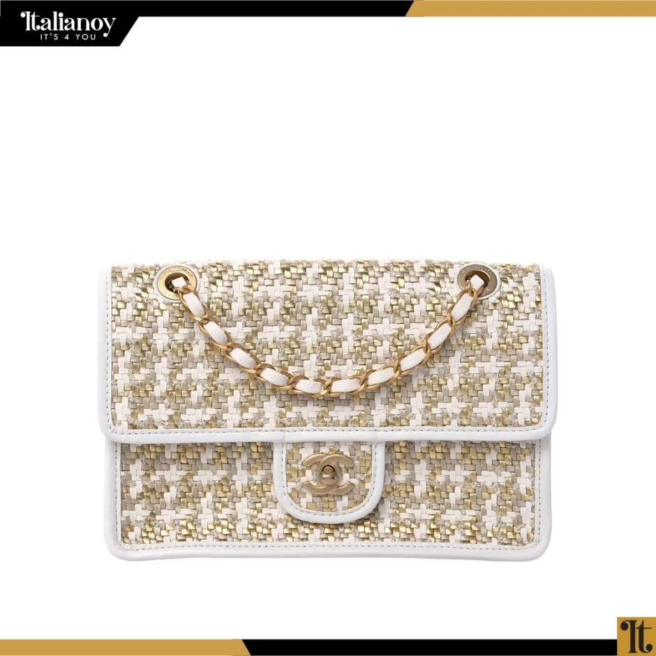 CHANEL Metallic Lambskin Viscose Woven Flap Gold White