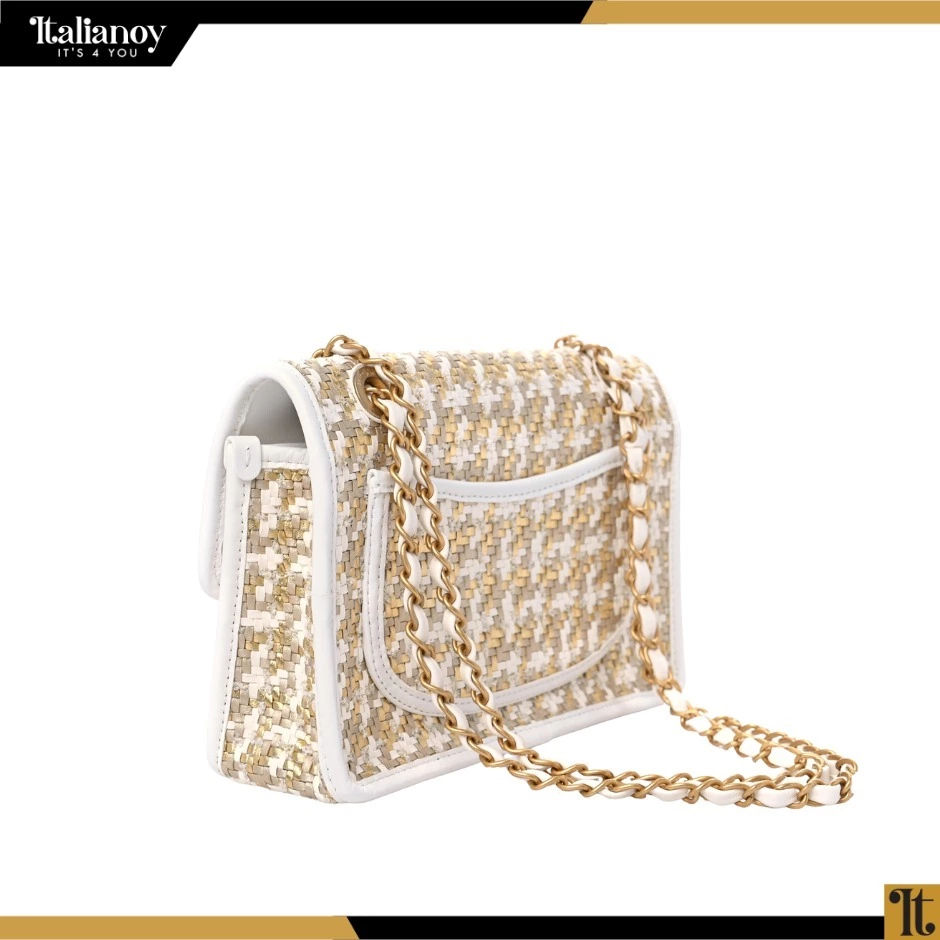 CHANEL Metallic Lambskin Viscose Woven Flap Gold White