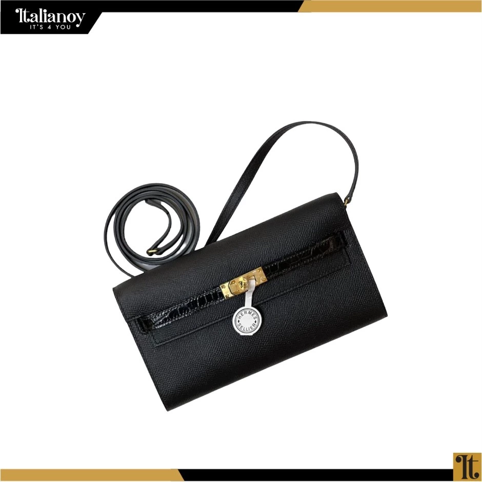 Black Epsom and Shiny Alligator Touch Kelly To Go Wallet Gold Hardware