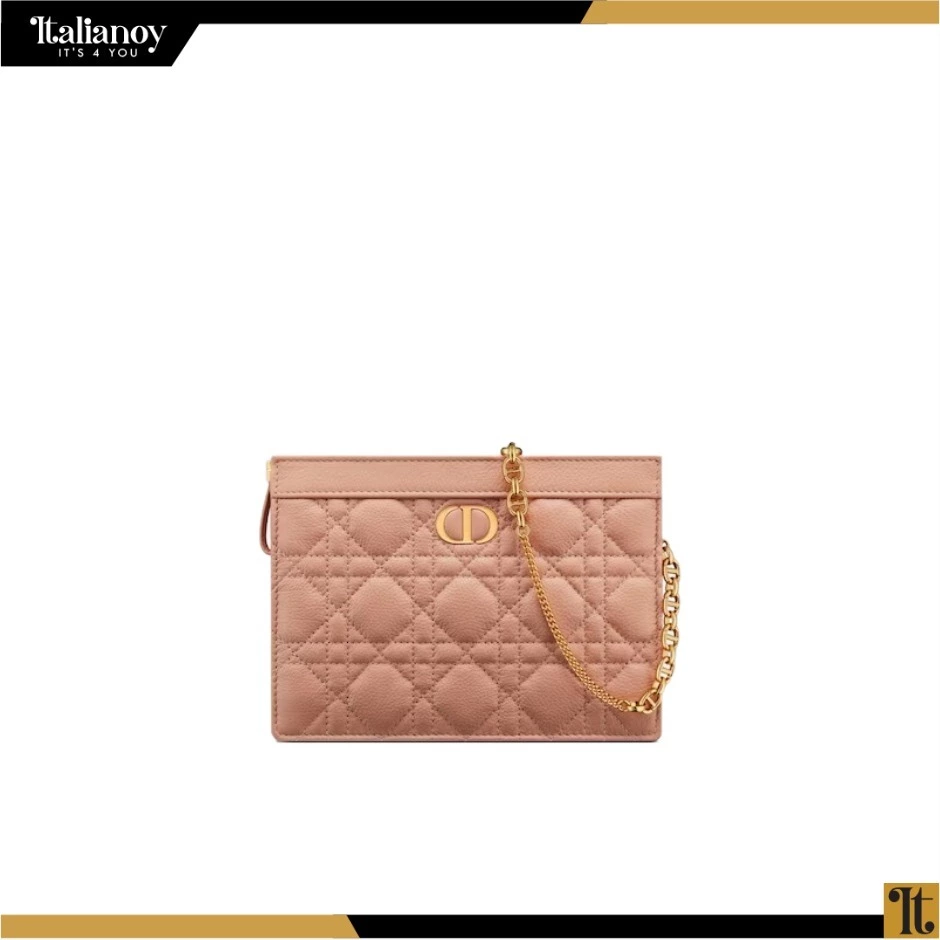 CARO ZIPPED POUCH WITH CHAIN Rose Des Vents Supple Cannage Calfskin