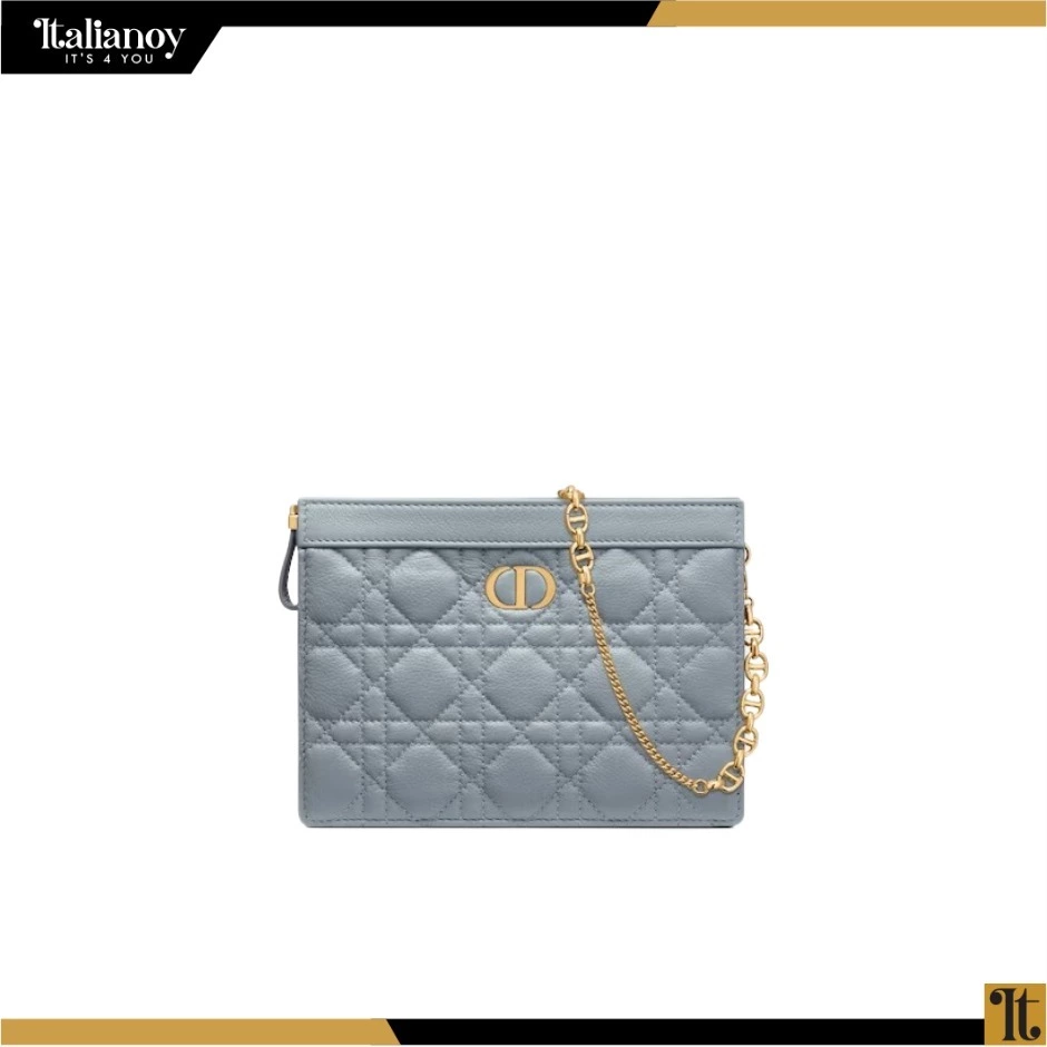 CARO ZIPPED POUCH WITH CHAIN Cloud Blue Supple Cannage Calfskin