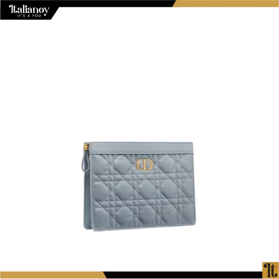 CARO ZIPPED POUCH WITH CHAIN Cloud Blue Supple Cannage Calfskin