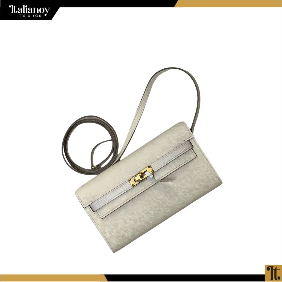White Epsom and Shiny Alligator Touch Kelly To Go Wallet Gold Hardware