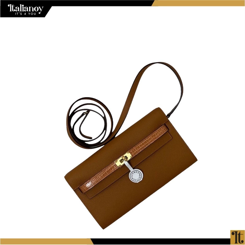 Brown Epsom and Shiny Alligator Touch Kelly To Go Wallet Gold Hardware