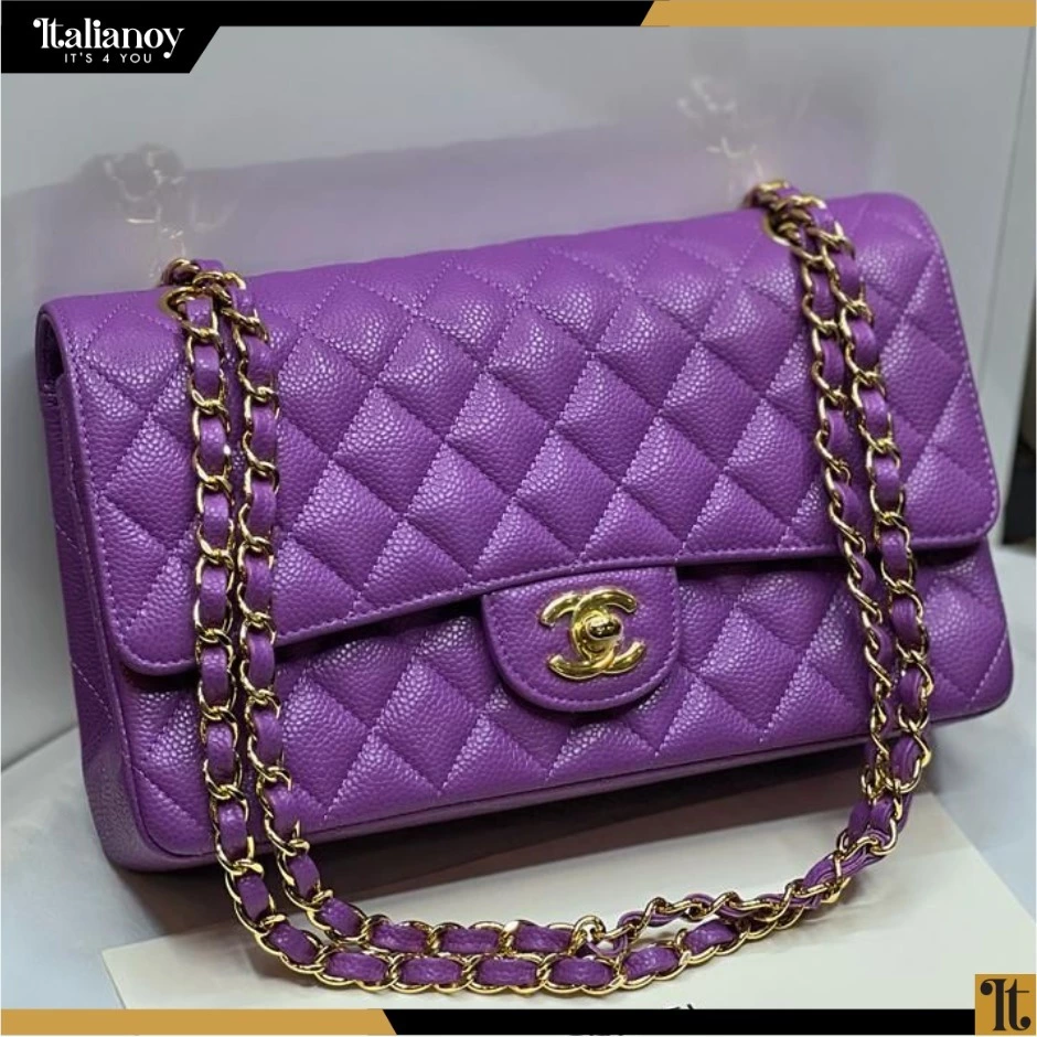 CHANEL SMALL CLASSIC DOUBLE FLAP PURPLE CAVIAR LIGHT GOLD