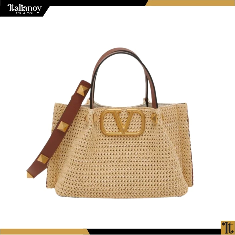 VALENTINO GARAVANI Roman Stud Small Straw Tote - Natural