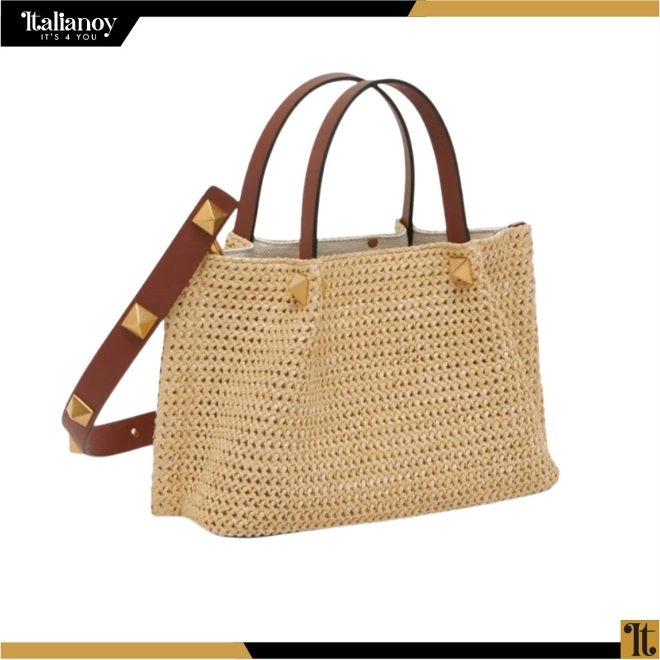 VALENTINO GARAVANI Roman Stud Small Straw Tote - Natural