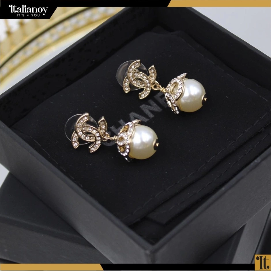 Chanel Gold CC Crystal Pearl Drop Earrings