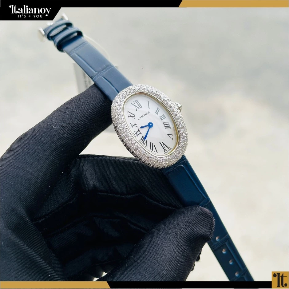 BAIGNOIRE WATCH SMALL MODEL, QUARTZ MOVEMENT, WHITE GOLD -BLUE