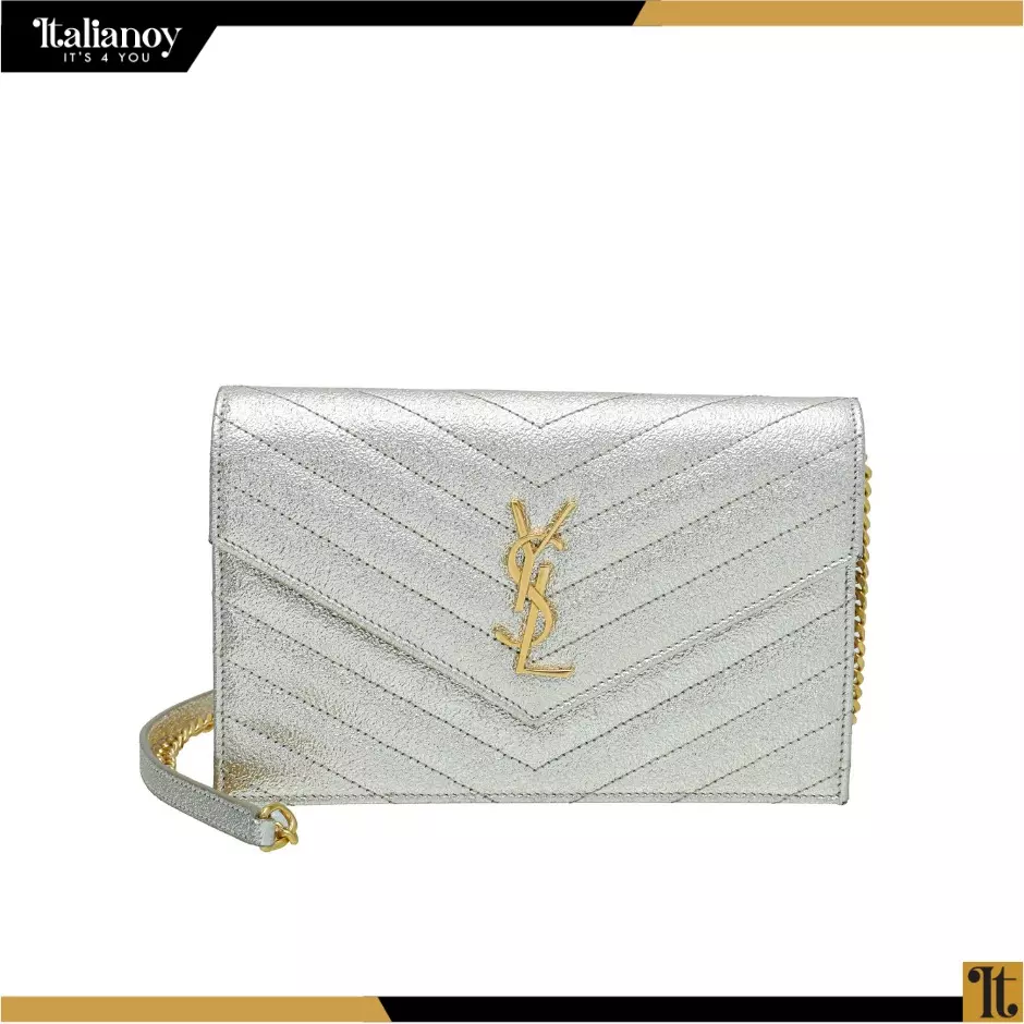 Saint Laurent Silver Grain De Poudre Matelassé Large Envelope Chain Wallet