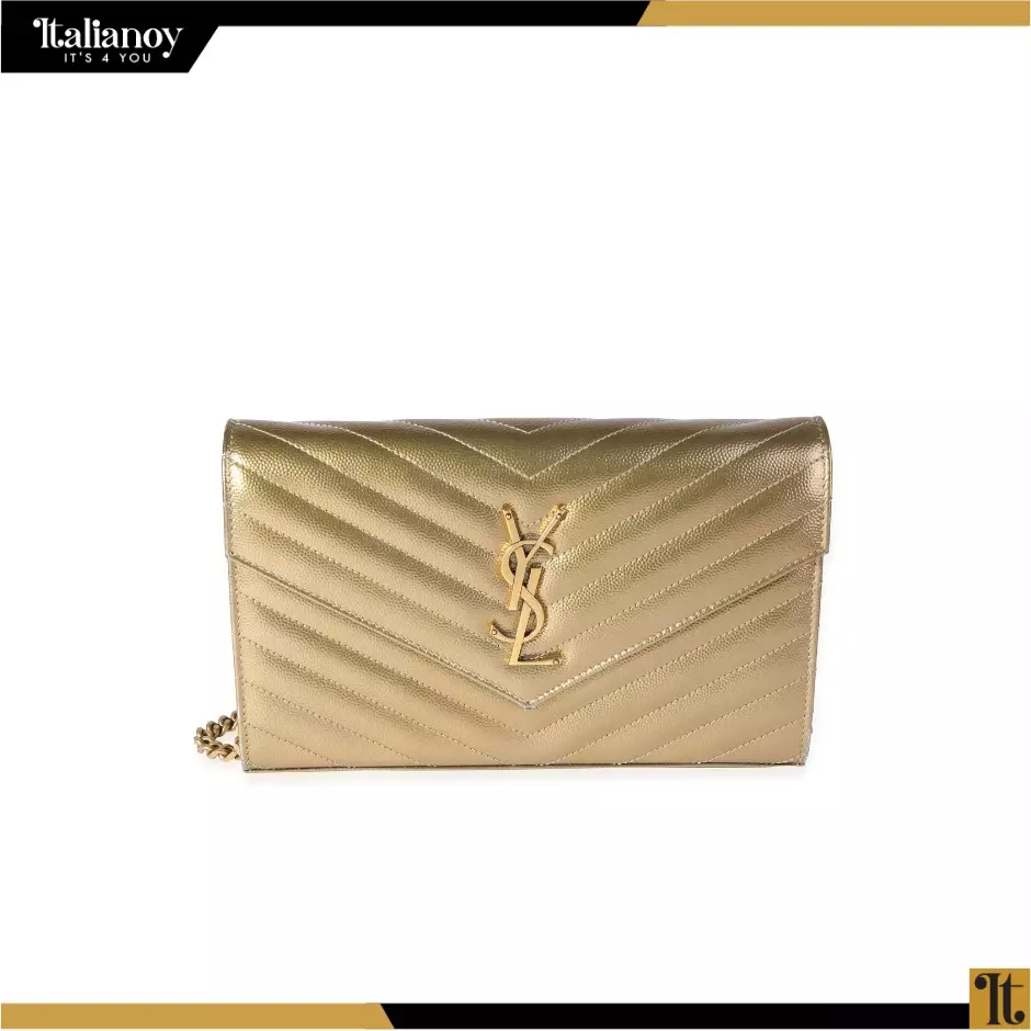 Saint Laurent Gold Grain De Poudre Matelassé Large Envelope Chain Wallet