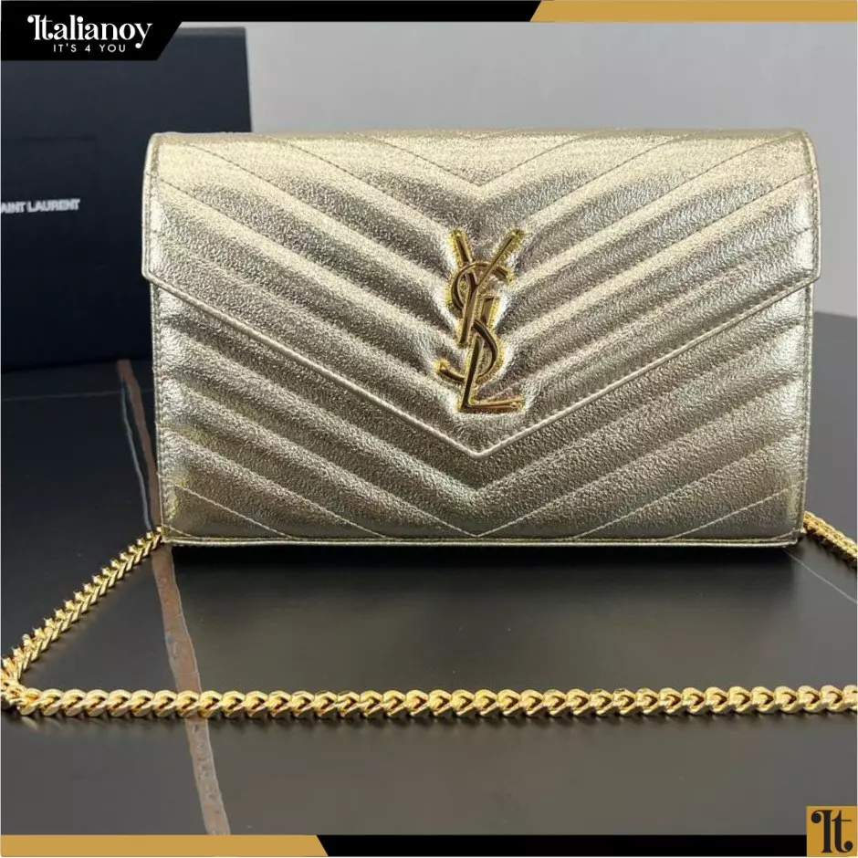 Saint Laurent Gold Grain De Poudre Matelassé Large Envelope Chain Wallet