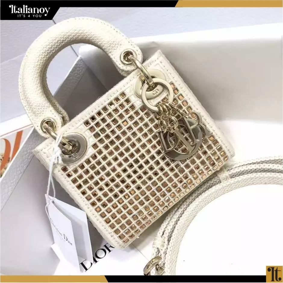 Dior Women Mini Lady Dior Bag Square Embroidery Set with White Multicolor Strass