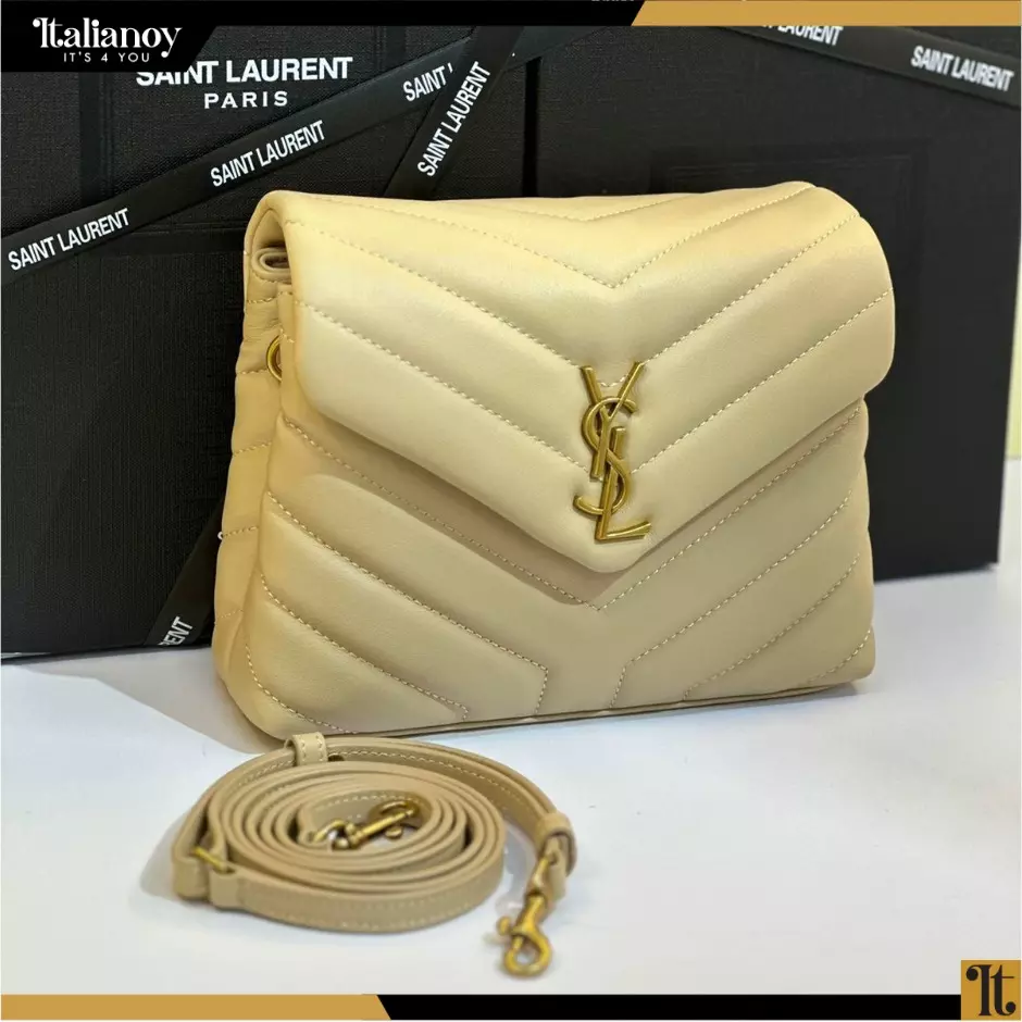 SAINT LAURENT Calfskin Y Quilted Monogram Bag Beige