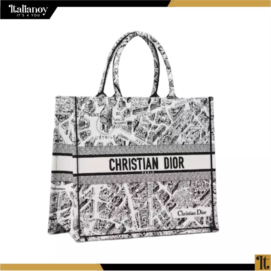 LARGE DIOR BOOK TOTE Black and White Plan de Paris Embroidery